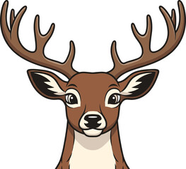 Majestic deer cartoon illustration, cute buck head vector, antlers animal drawing, woodland wildlife clipart, friendly reindeer design, wild forest creature character