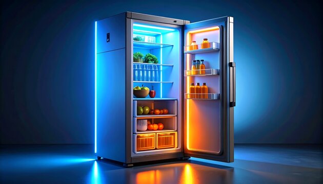 Open refrigerator with vibrant interior lighting, showcasing fresh produce and beverages