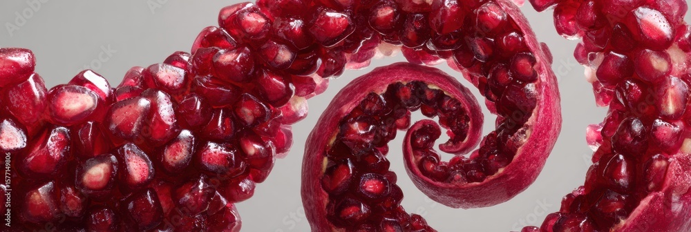 Poster bright pomegranate seeds create an abstract spiral design with untouched area in the upper third hig