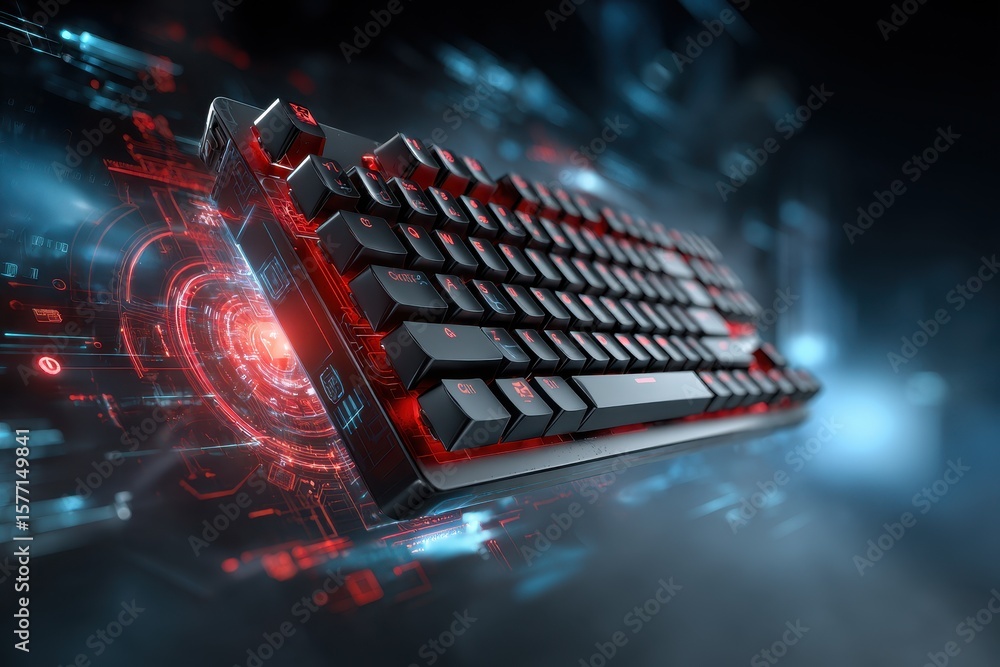 Poster high-tech gaming keyboard with glowing lights and advanced design in a digital environment