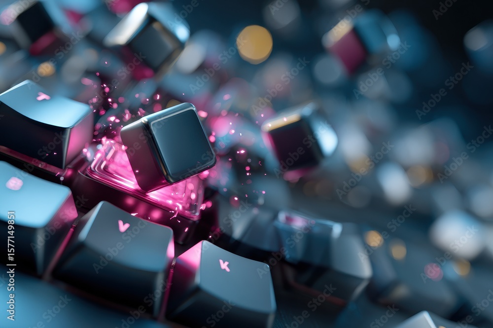 Poster dynamic keyboard keys burst with vibrant colors in an abstract gaming setup at night