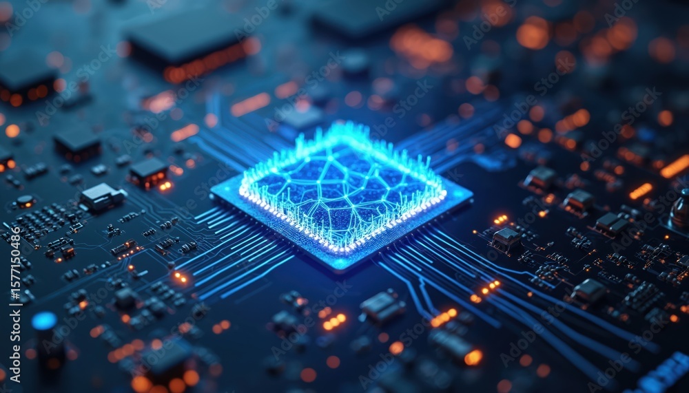 Poster close-up of circuit board with blue and white component. complex industrial setting with gray and bl