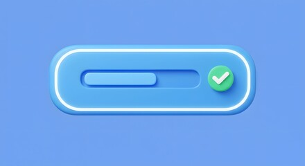 3D Rendered Progress Bar with Green Checkmark Icon. Success, Completion, Loading Interface Element.