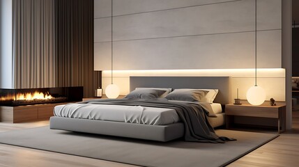 Sleek minimalist bedroom design with gray concrete surfaces, warm wooden accents, natural linen textures, and ambient lighting, full-frame 3d render