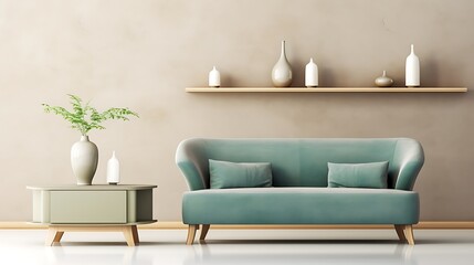 Tranquil living space with pale blue linen couch, deep green contemporary chair, raw beige plaster backdrop, frameless shelving with vases, and clean-line architecture, full-frame angle,