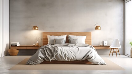 Sleek minimalist bedroom design with gray concrete surfaces, warm wooden accents, natural linen textures, and ambient lighting, full-frame 3d render