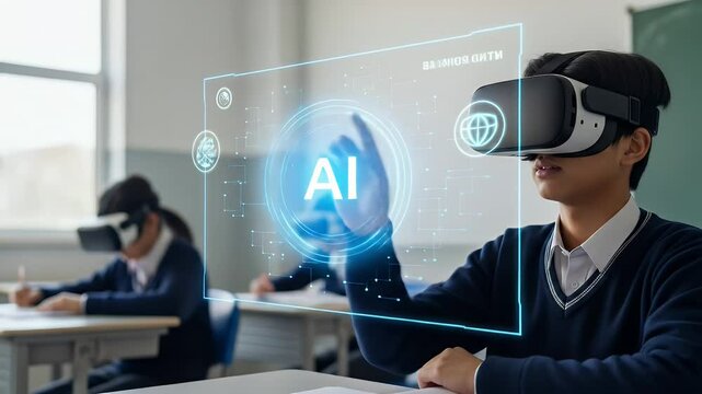 Young students using virtual reality headsets in classroom engaging with artificial intelligence technology