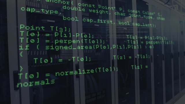 Opening server rack view initiating code scrolling upward demonstrating C++ geometry HTTP routines
