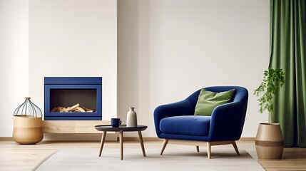 Warm and modern minimalist living room with royal blue fabric sofa, dusty green armchair, beige tactile plaster wall, warm oak floors, and minimal accessories, all captured in full-frame detail,