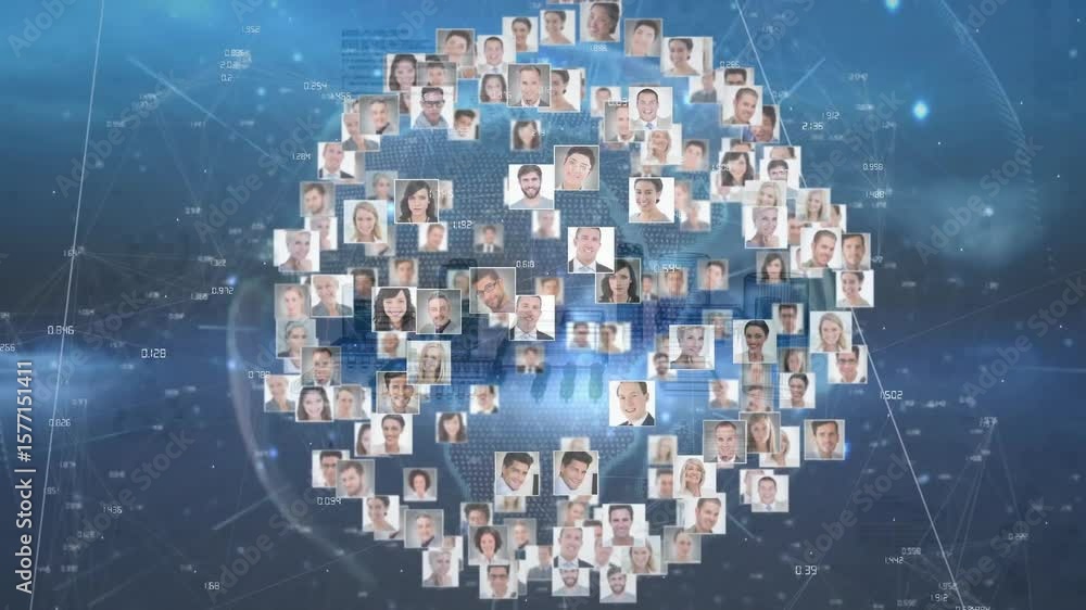 Poster floating portrait tiles merging into rotating 3d sphere in tech network showing global connections