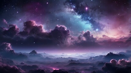 Fototapeta premium A surreal view of dreamy clouds floating above mountains under a cosmic night sky filled with stars and nebula. Perfect for fantasy wall art, prints, or digital backgrounds. 