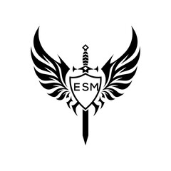 ESM Winged Sword and Shield Logo with ESM Letters, Heraldic Emblem, ESM Later Logo,  Black and White Vector Design
