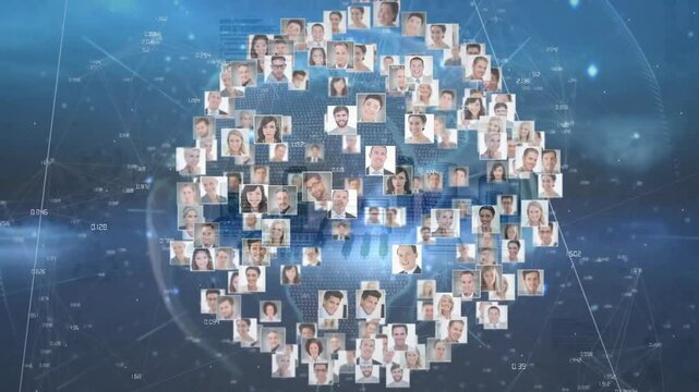 Floating portrait tiles merging into rotating 3D sphere in tech network showing global connections