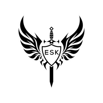 ESK Winged Sword and Shield Logo with ESK Letters, Heraldic Emblem, ESK Later Logo,  Black and White Vector Design
