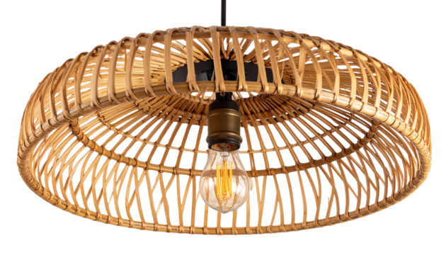 Wicker or rattan ceiling lamp with a vintage-style exposed electric bulb