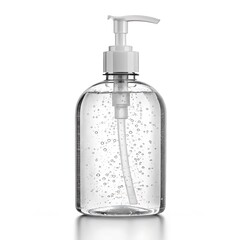 Obraz premium A clear bottle of hand sanitizer with a white pump dispenser on a white background with reflection