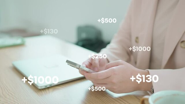 Asian woman earning money online with a smartphone, showing financial success with pop-up dollar notifications. Concept of passive income, cashback rewards, and digital banking.