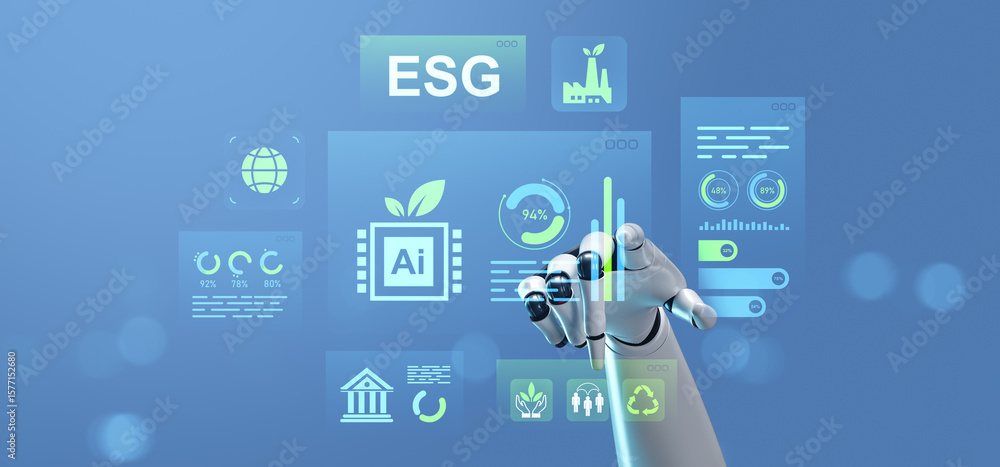 Aufkleber robotic hand interacting with esg and sustainability data on digital interface concept on futuristic