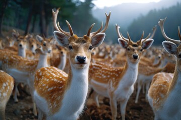 Obraz premium Group of spotted deer in a serene forest setting during early morning light