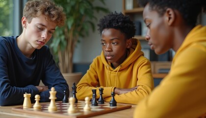 Young friends engaged in chess game on wooden table. Close-up of three individuals, one focused, one observing, one standing back. Chessboard with black, white pieces on light-colored surface.