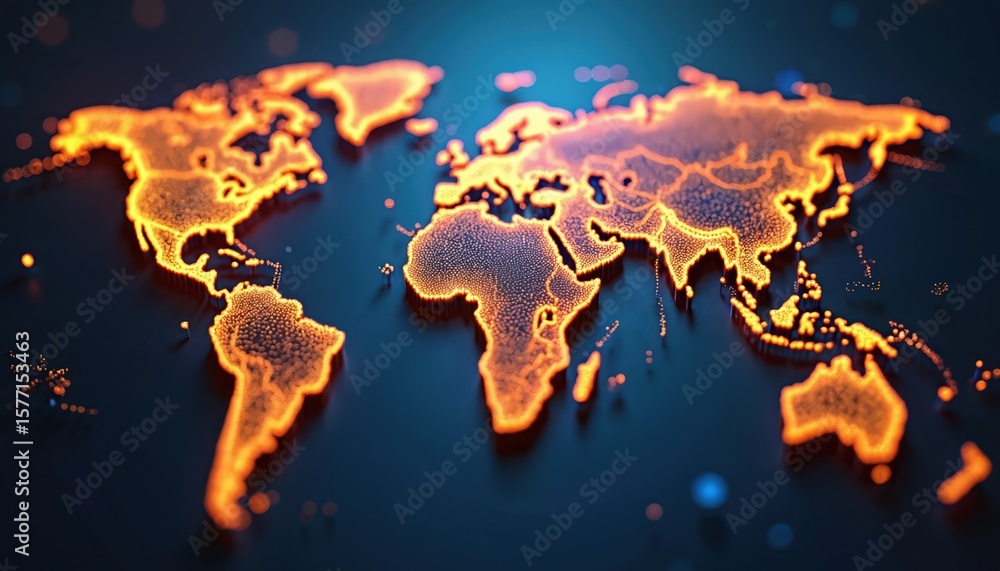 Aufkleber global network connects continents on digital world map. vibrant earth in 3d form with visible conti
