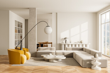 Modern minimalist living room interior with beige sectional sofa, yellow armchairs, and sculptural...