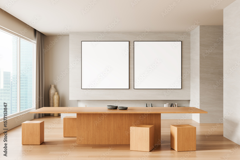 Fototapete modern dining room interior with wooden table and blank poster mockups on clean wall in bright minim