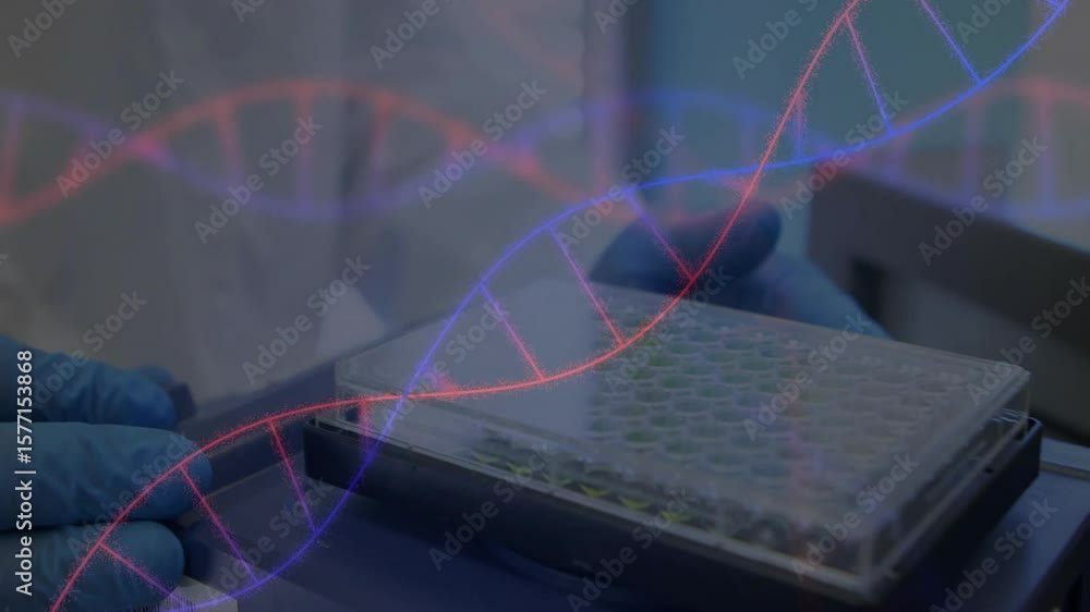 Poster lab scientist placing 96-well microplate and pipetting samples as dna-helix animation guiding assay