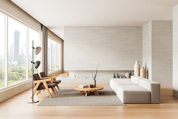 Modern minimalistic interior design of bright living room with large windows, neutral tones, and...
