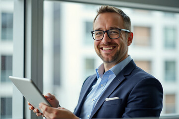 Fototapeta premium A man in a blue suit and glasses holding a tablet.