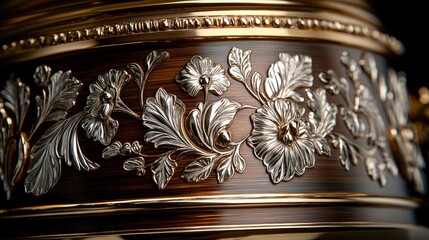 Close-up of ornate gold and silver floral detail on dark wood luxury box.