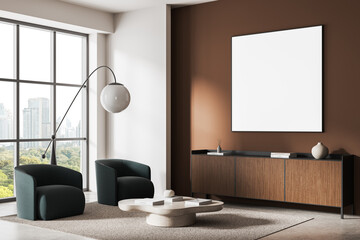 Blank square poster mockup on brown wall in modern minimalist interior with armchairs, cabinet, and...