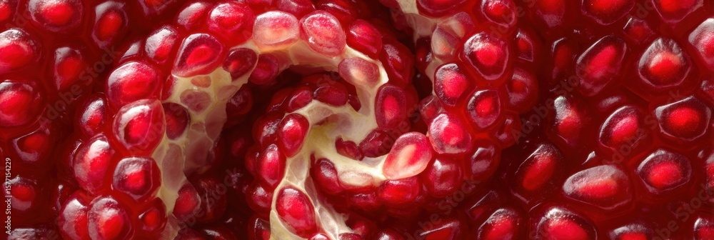Poster bright pomegranate seeds create an abstract spiral pattern with untouched area above, showcasing vib
