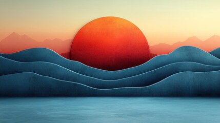 Stylized sunset landscape with layered waves and a large sun, minimalist design.
