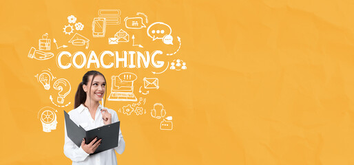 Smiling woman holding clipboard with coaching concept icons arou