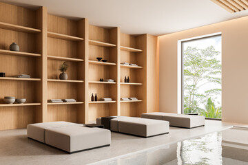 Modern minimalist spa interior with wooden shelving, beige lounge chairs, and large window...
