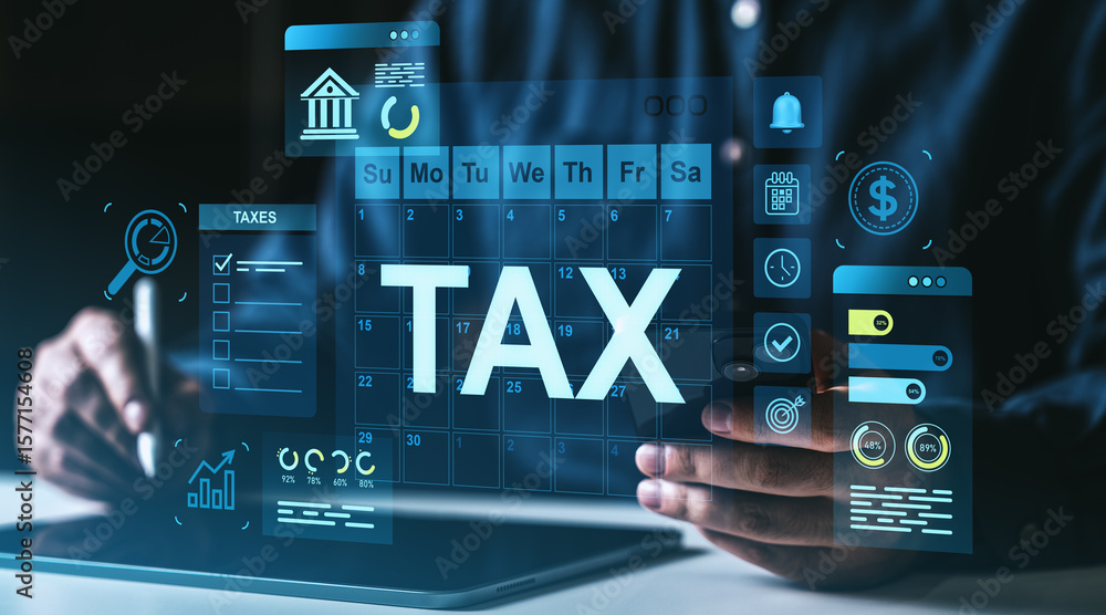 Poster digital tax planning interface with calendar and financial data overlays in futuristic style on dark