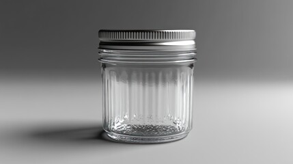 Clear glass jar with a silver lid on a gray background.