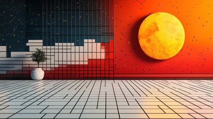 Modern minimalist room with a large moon and Japanese design elements.