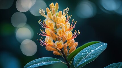 Close-up of vibrant orange flowers with dew drops on leaves, blurred background.
