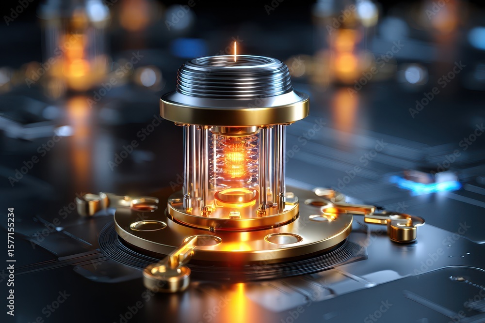 Poster futuristic energy source displayed on advanced circuit board with glowing elements in a high-tech en