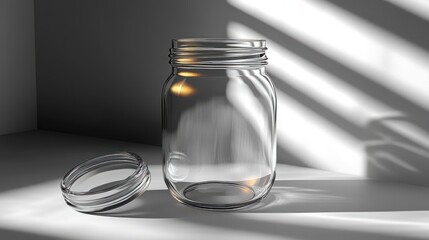 Empty glass mason jar with lid slightly ajar, sitting on a white surface in sunlight.