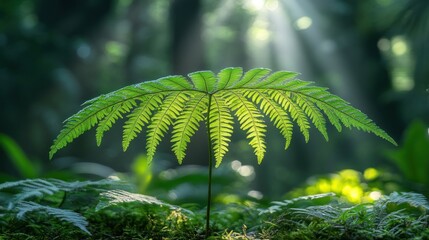 Sunlit fern sprout in lush forest.