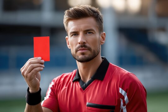 Referee issuing a red card during a football match at an outdoor stadium in early evening