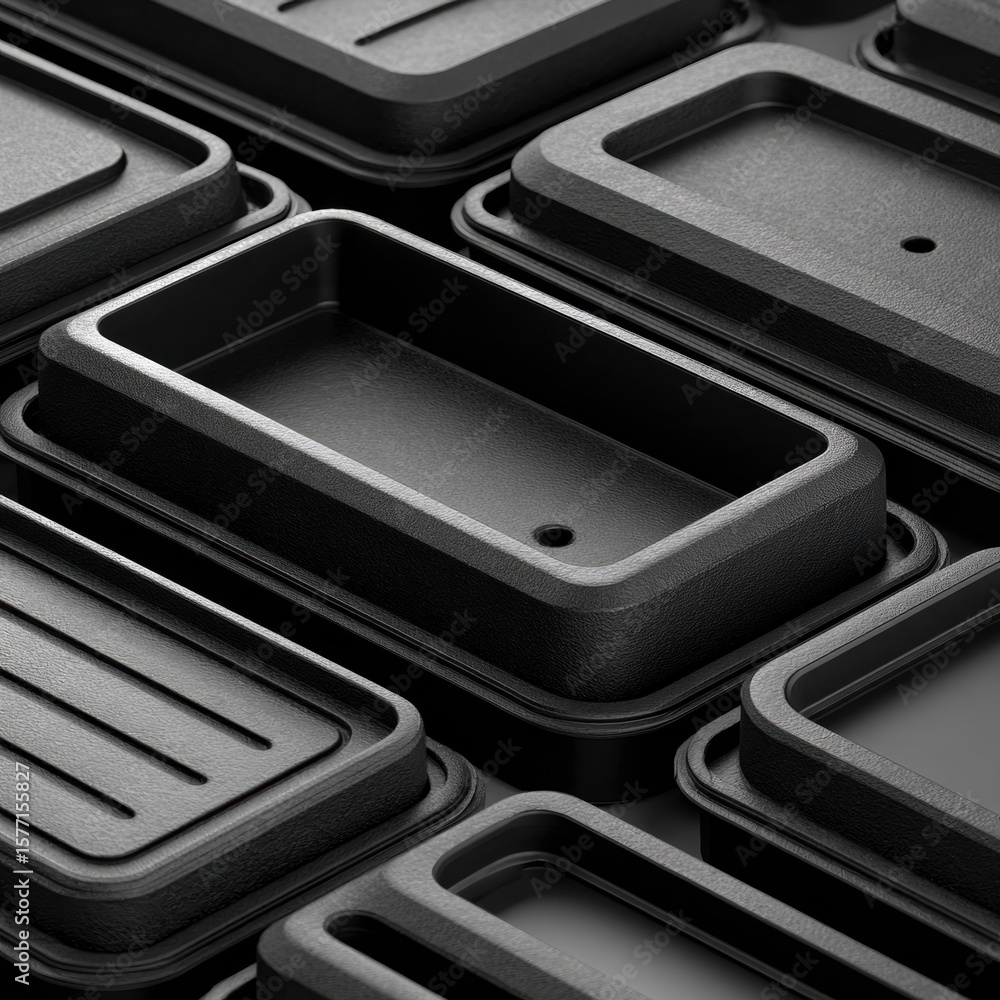 Poster monochrome food tray array: a captivating array of monochromatic food trays, meticulously arranged t