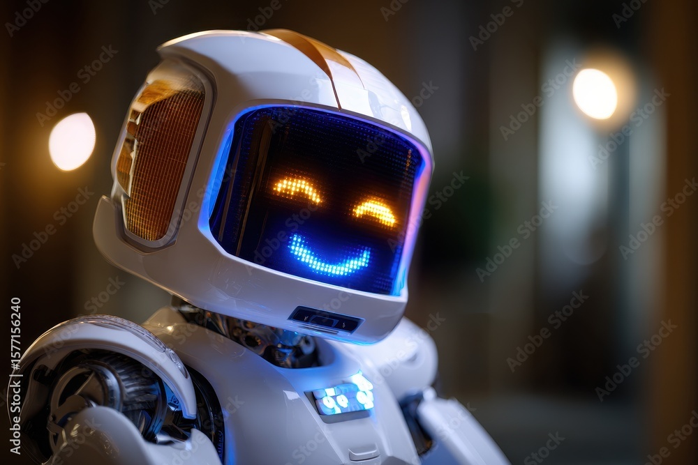 Aufkleber robot with a smiling face illuminated at night in a modern urban setting