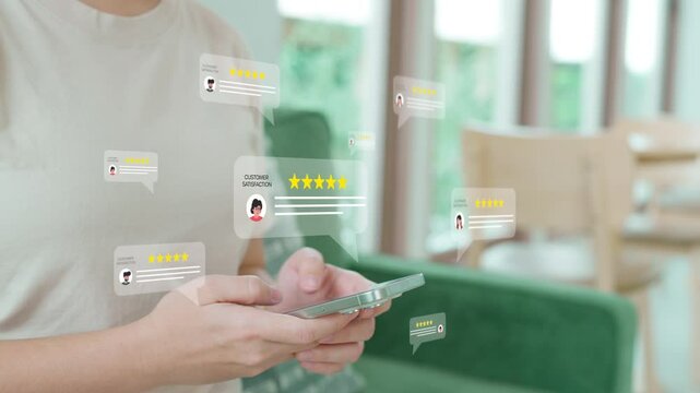 Customer satisfaction concept showing a business on a Mobile receiving excellent 5-star ratings and positive online reviews, illustrating great customer feedback and reputation management.