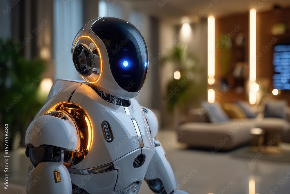 Poster advanced humanoid robot with glowing features interacts in modern indoor environment during evening
