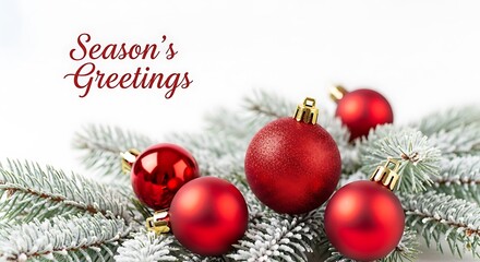Festive Red Ornaments on Snowy Fir Branches: Season's Greetings