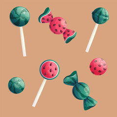 A set of watermelon candies and candies of different shapes. The concept of sweet dishes, desserts and confectionery. Isolated vector illustration on a white background for a poster, banner, postcard